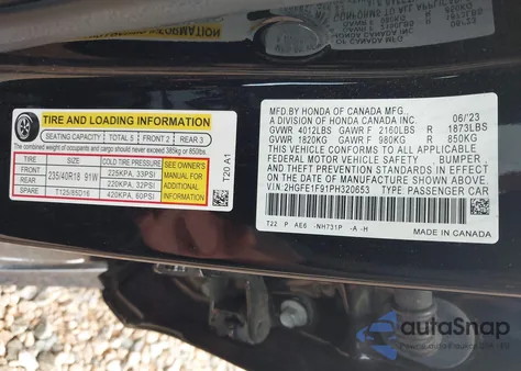 2023 Honda Civic Touring z USA, uszkodzony, nr VIN 2HGFE1F91PH320653